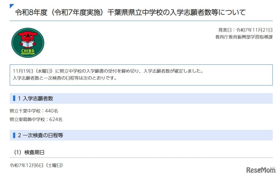令和8年度（令和7年度実施）千葉県県立中学校の入学志願者数等について