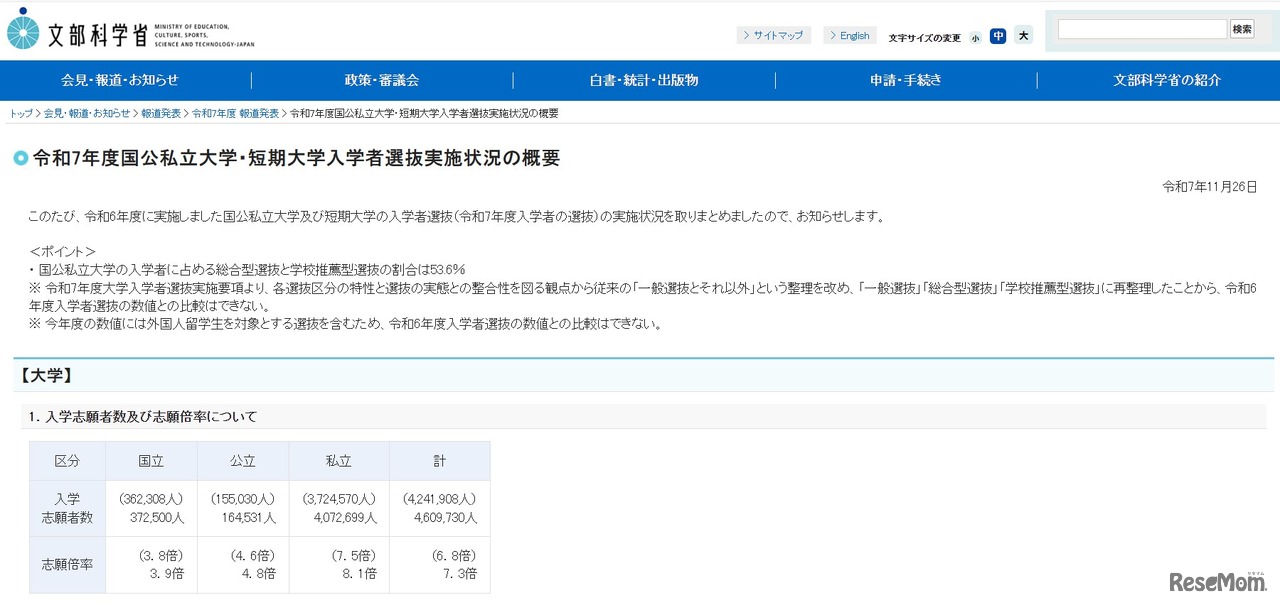令和7年度国公私立大学・短期大学入学者選抜実施状況の概要