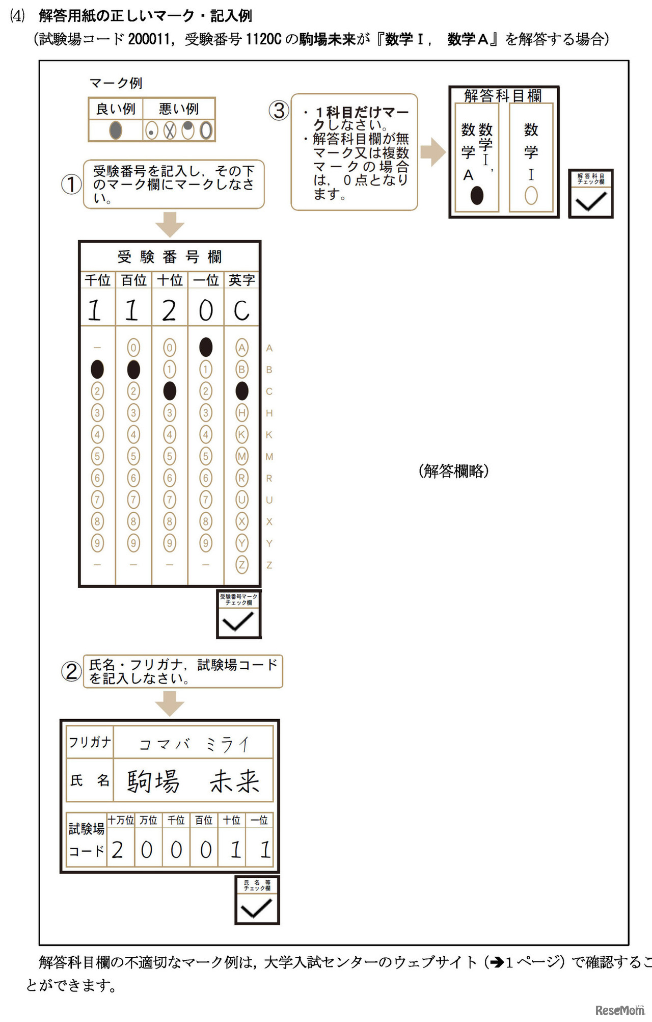 解答用紙の正しいマーク・記入例