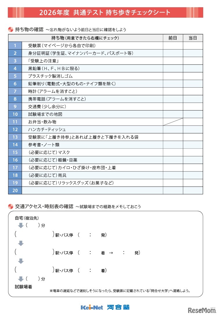 持ち歩きチェックシートの一部