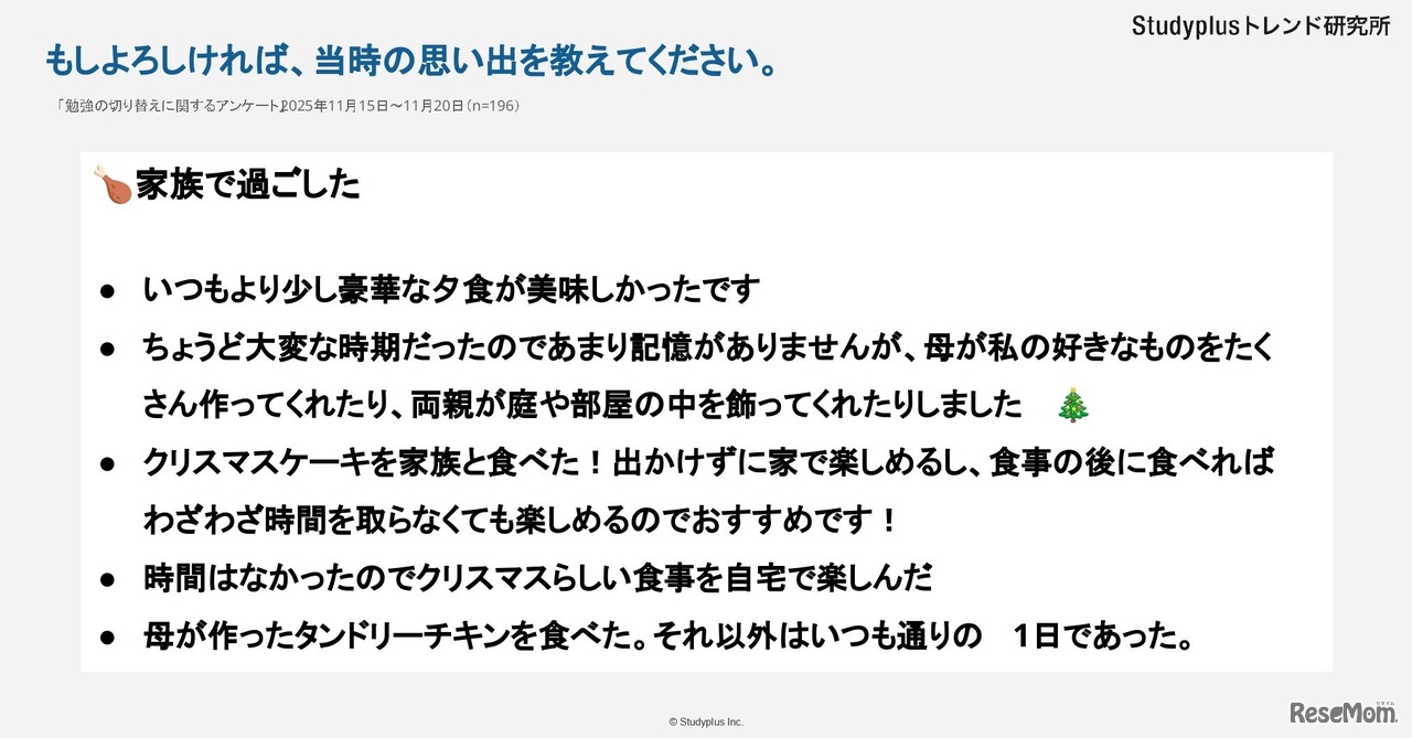 任意回答：クリスマスに参加した思い出