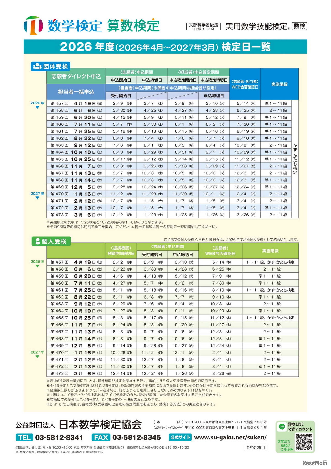 数学検定・算数検定2026年度 検定日一覧