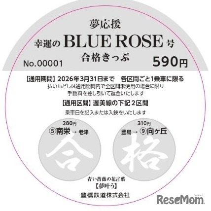 「夢応援・合格きっぷ」乗車券イメージ