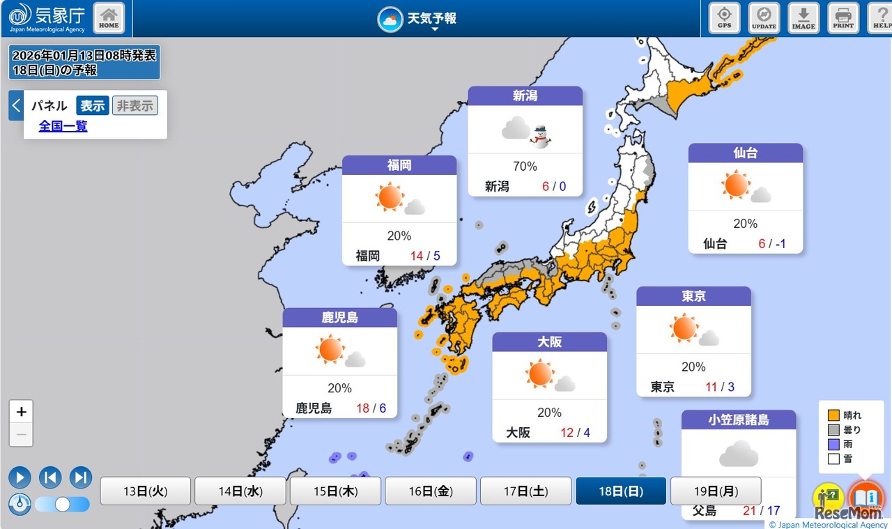 2026年1月18日（日）の天気予報