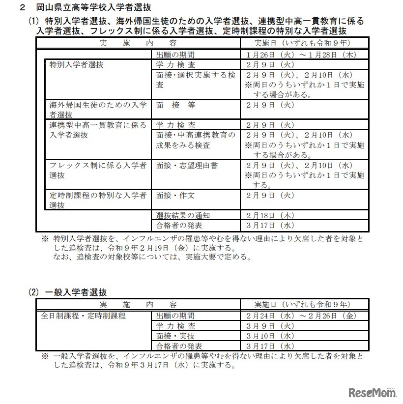2027（令和9）年度 岡山県立高等学校入学者選抜