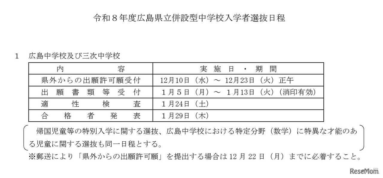 令和8年度広島県立併設型中学校（広島中学校・三次中学校）入学者選抜志願状況の日程