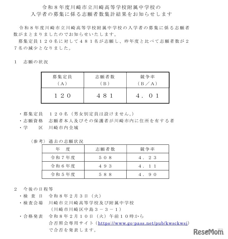 令和8年度川崎市立川崎高等学校附属中学校の入学者の募集に係る志願者数集計結果