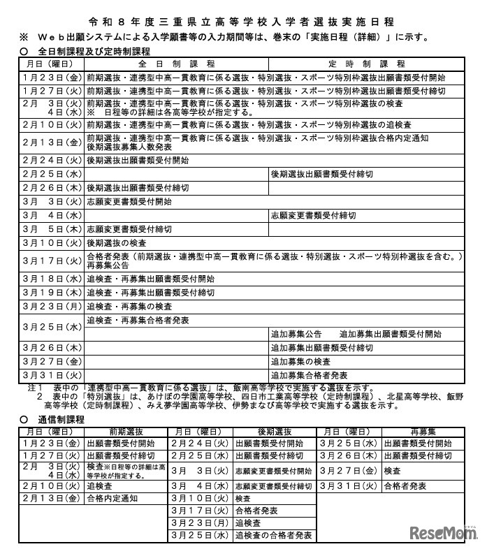 令和8年度三重県立高等学校入学者選抜実施日程