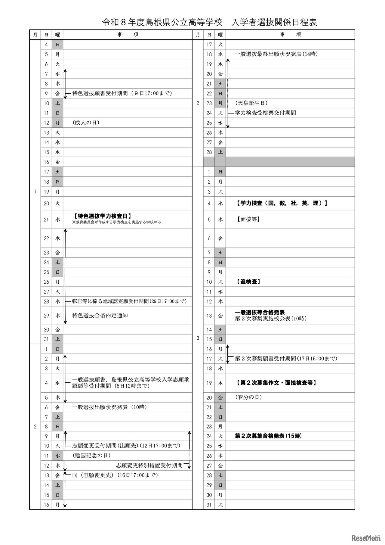 令和8年度 島根県公立高等学校 入学者選抜関係日程表