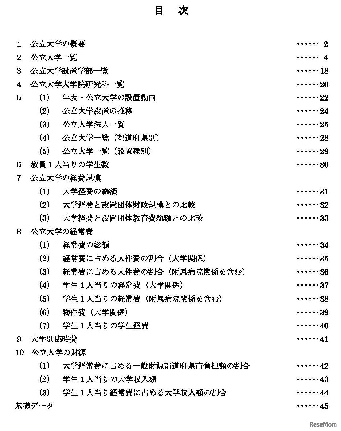 令和７年度公立大学便覧・目次