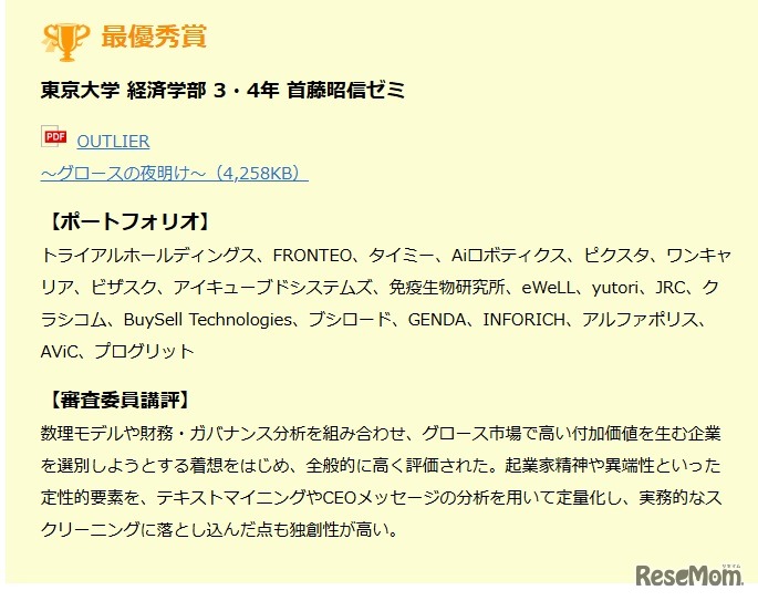 最優秀賞「東京大学 経済学部 3・4年 首藤昭信ゼミ」