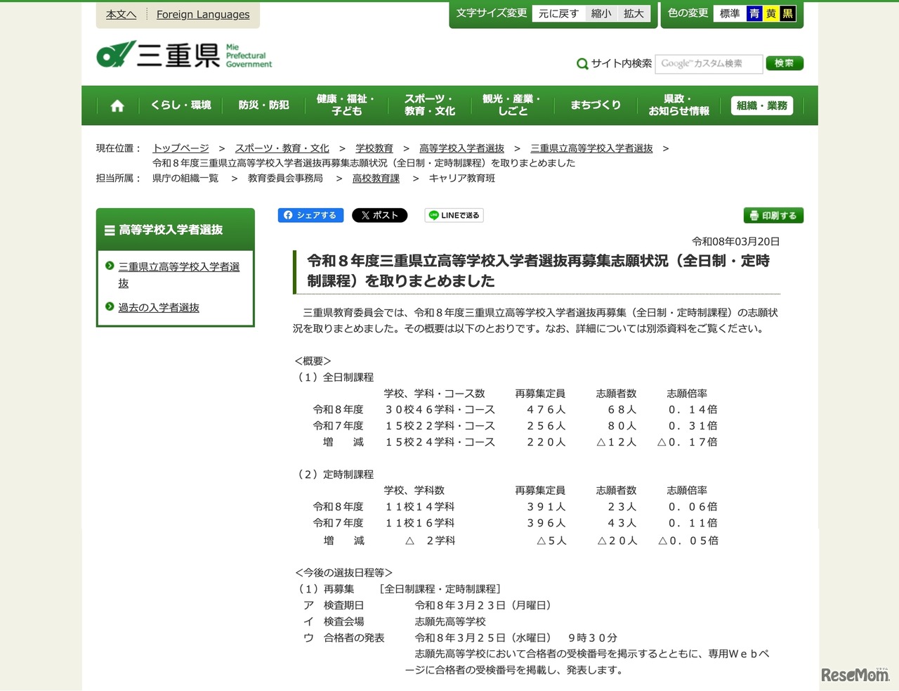 令和8年度 三重県立高等学校入学者選抜再募集志願状況