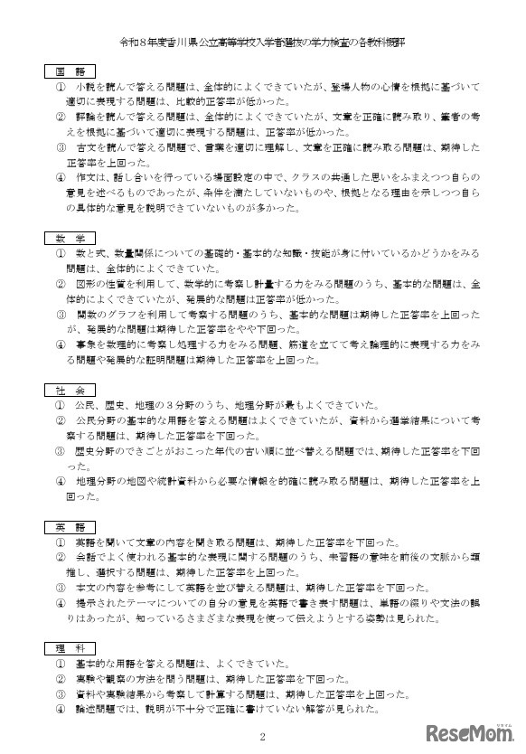 学力検査の各教科概評