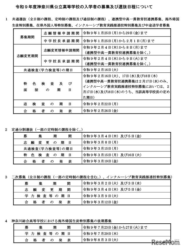 令和9年度神奈川県公立高等学校の入学者の募集および選抜日程について