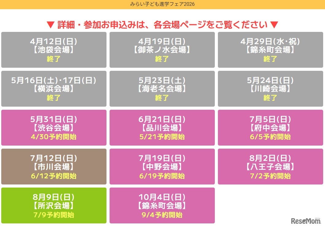 みらい子ども進学フェア2026：開催会場、日程一覧
