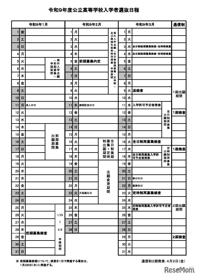 令和9年度公立高等学校入学者選抜日程