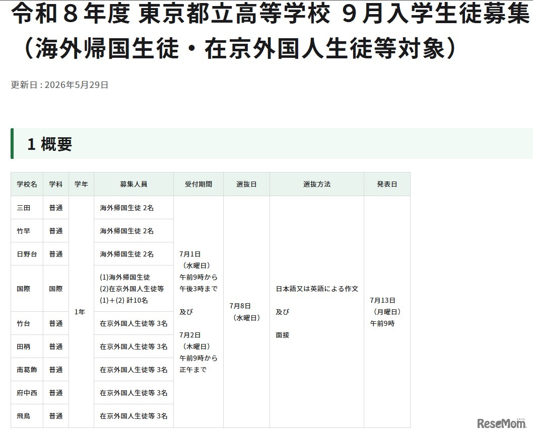 令和8年度 東京都立高等学校9月入学生徒募集 （海外帰国生徒・在京外国人生徒等対象）