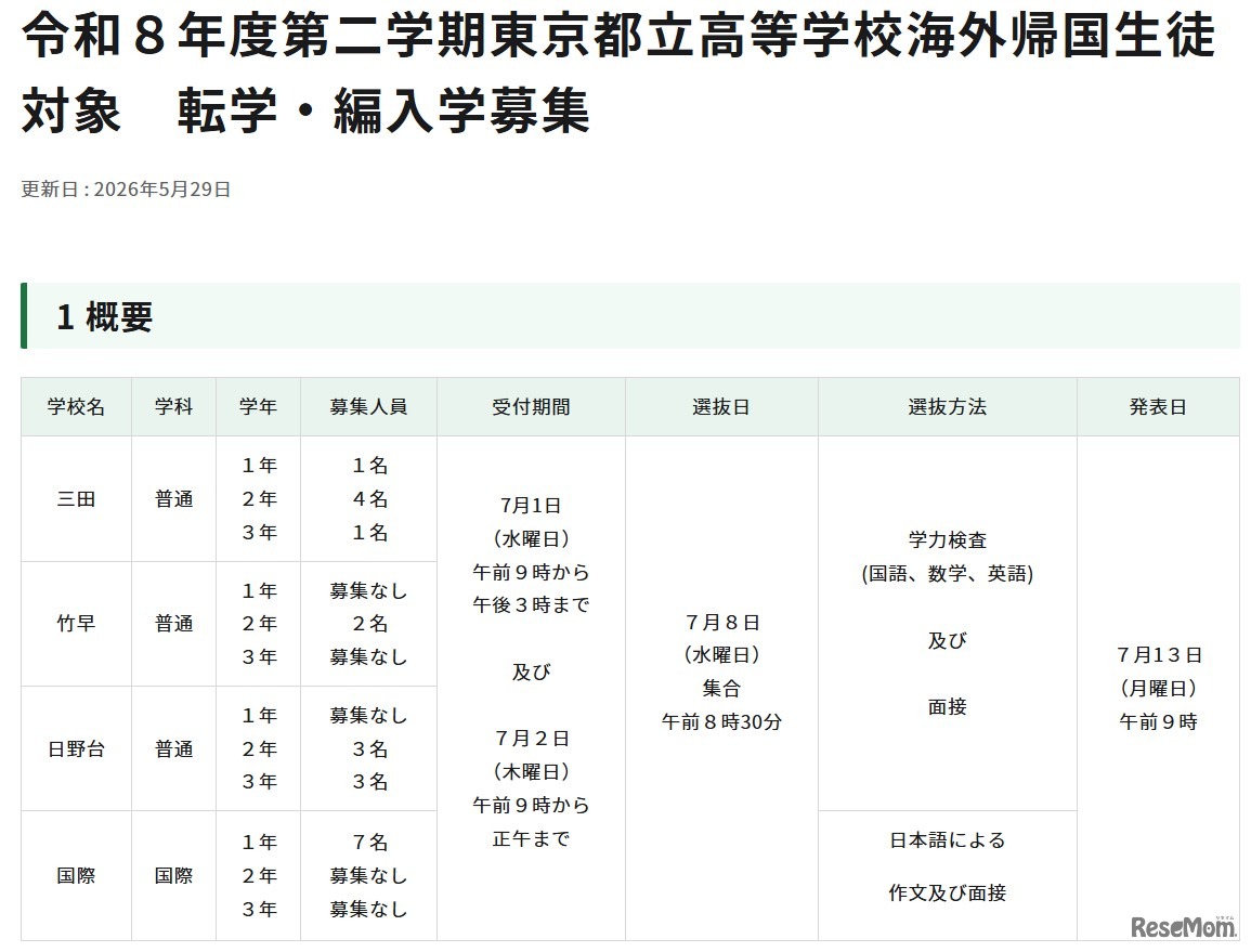 令和8年度第二学期東京都立高等学校海外帰国生徒対象　転学・編入学募集