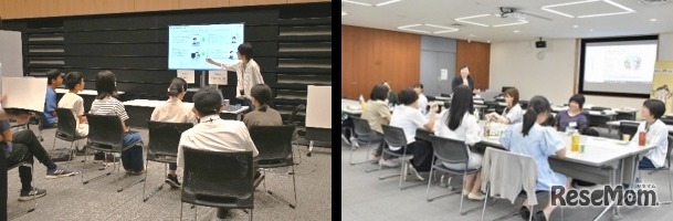 過去開催時のようす、左：アンリツの技術説明、右：女性技術者との交流会