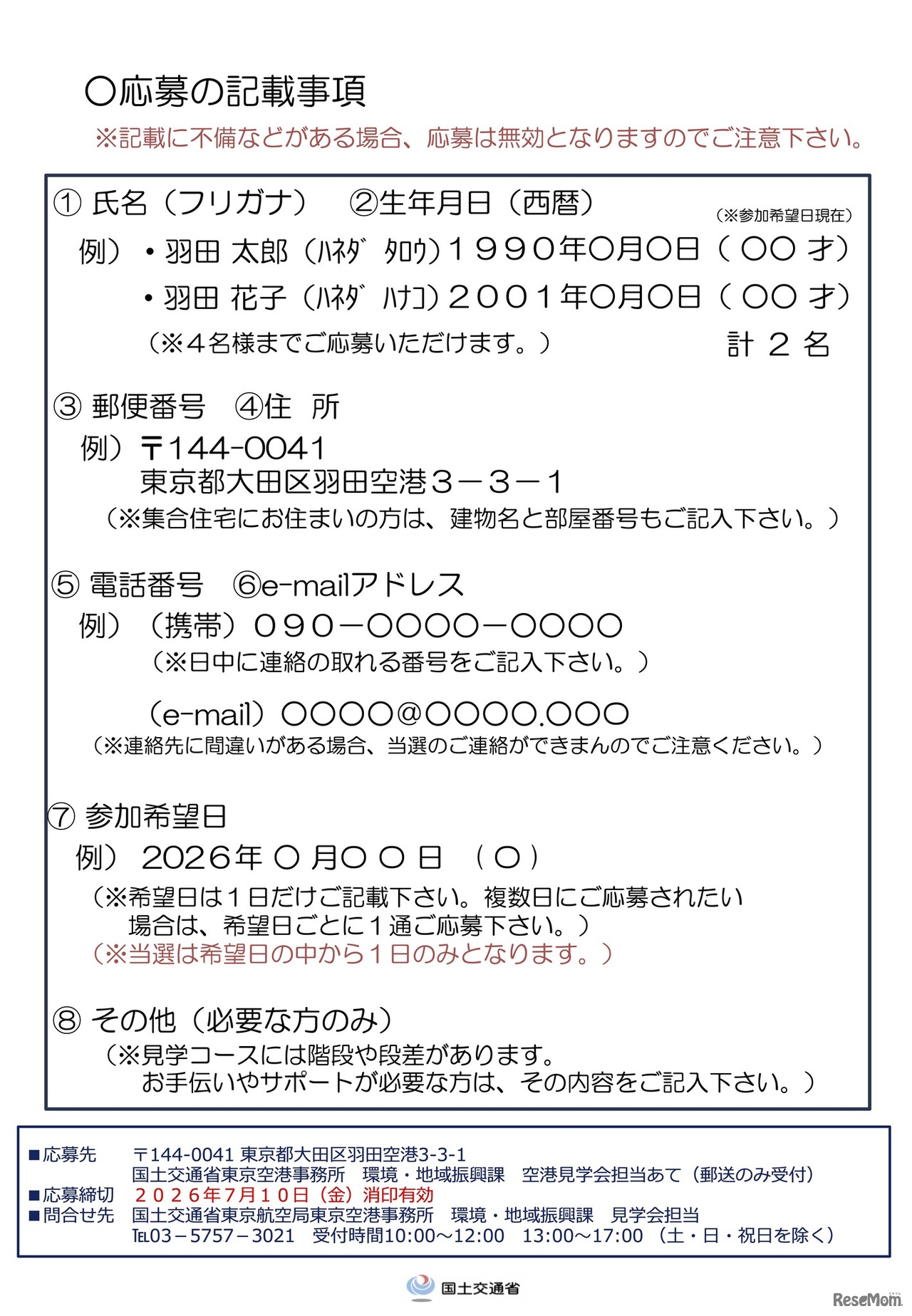 応募の記載事項