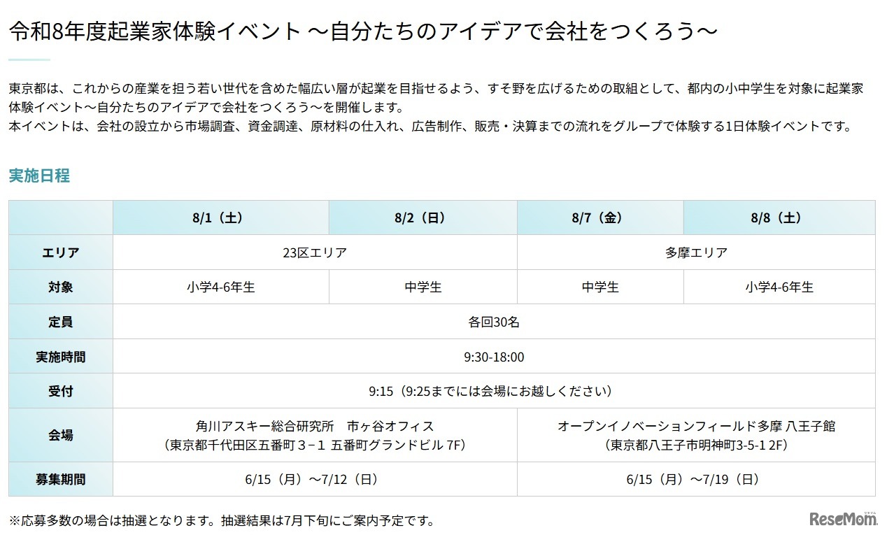 起業家体験イベント「自分たちのアイデアで会社をつくろう」日程