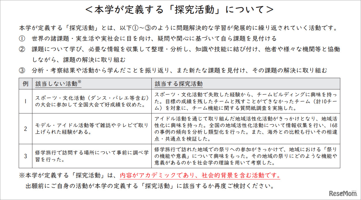 関西学院大学探究評価型入学試験＜本学が定義する「探究活動」について＞／探究評価型入学試験要項より