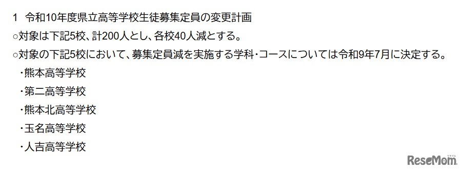 2028年度県立高等学校生徒募集定員の変更計画