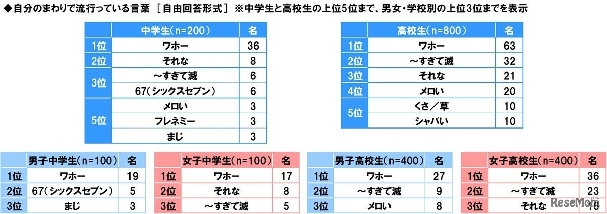 自分のまわりで流行っている言葉