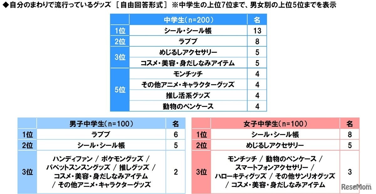 自分のまわりで流行っているグッズ（中学生）