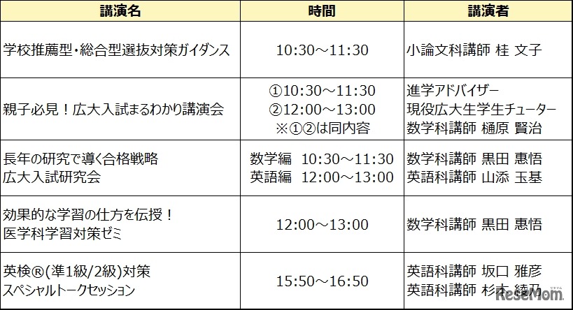 河合塾講師による特別イベントスケジュール