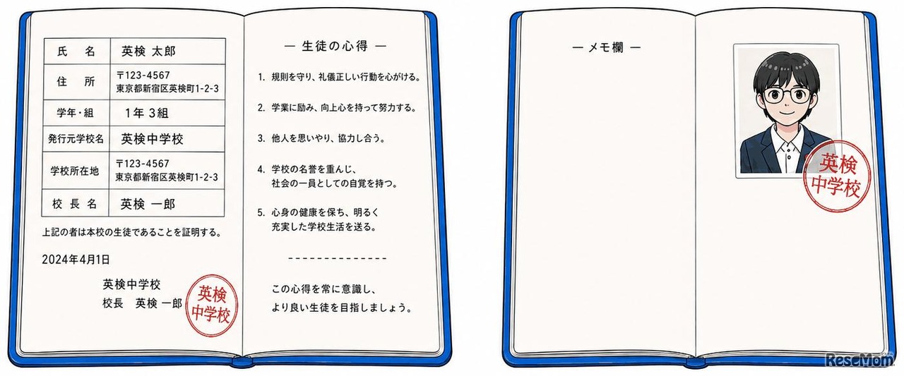 有効な事例…生徒手帳の個人情報とは別ページ（メモ欄など）の余白に写真が糊などで貼付され、写真に割印がされている場合