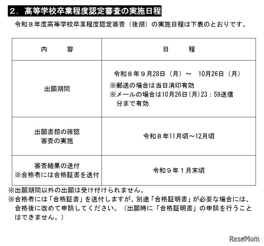 令和8年度高等学校卒業程度認定審査（後期）の実施日程