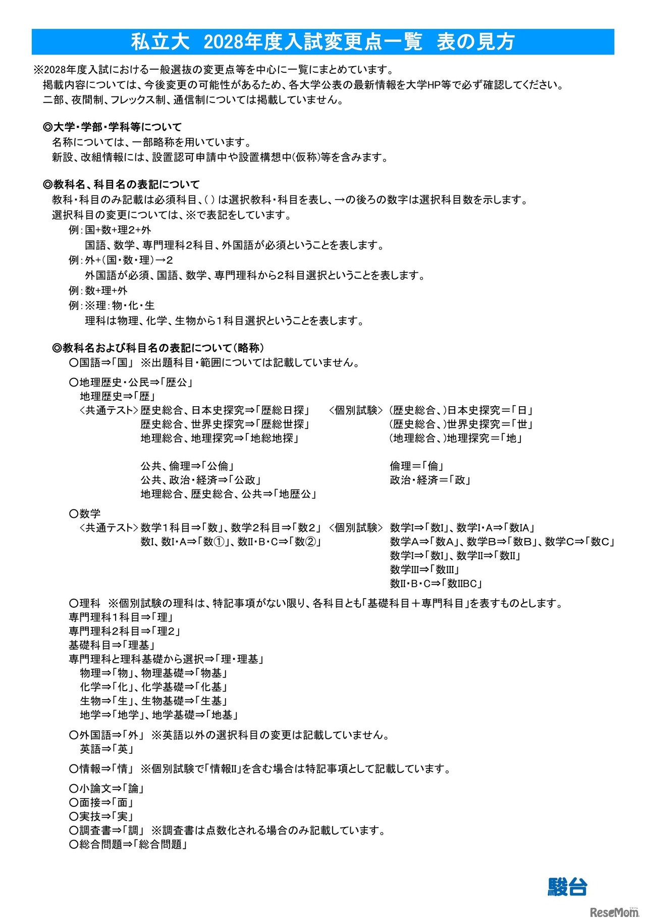 2028年度入試 主要私立大 変更点一覧（表の見方）