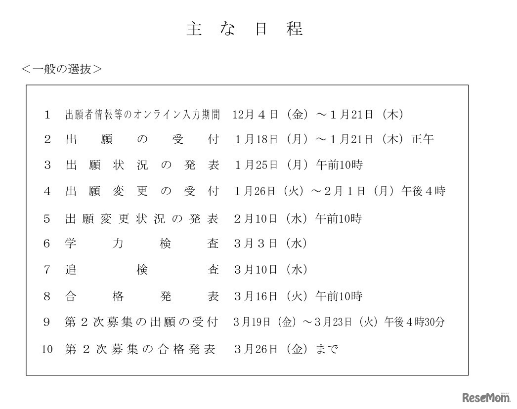 おもな日程＜一般の選抜＞