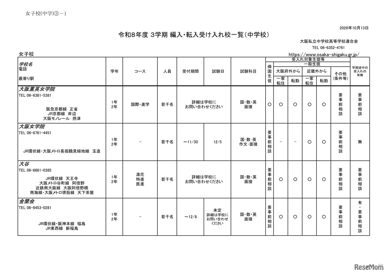 2026年度 3学期 編入・転入受け入れ校一覧（中学校）【女子校】