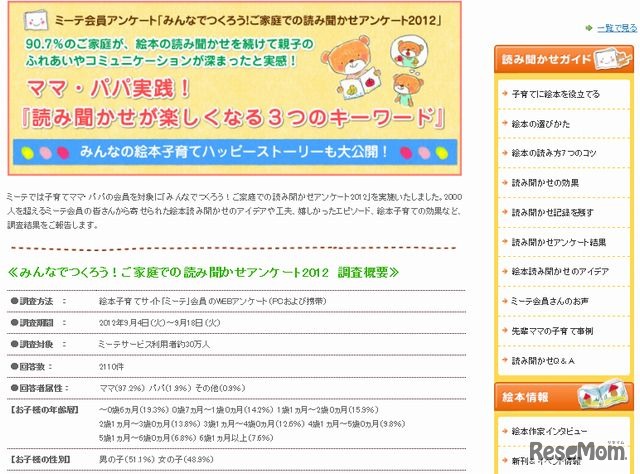 ミーテ ウェブサイト「みんなでつくろう！ご家庭での読み聞かせアンケート2012」