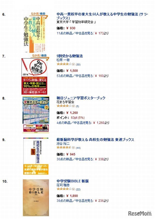 「学生の勉強法」のベストセラー（6位～10位）