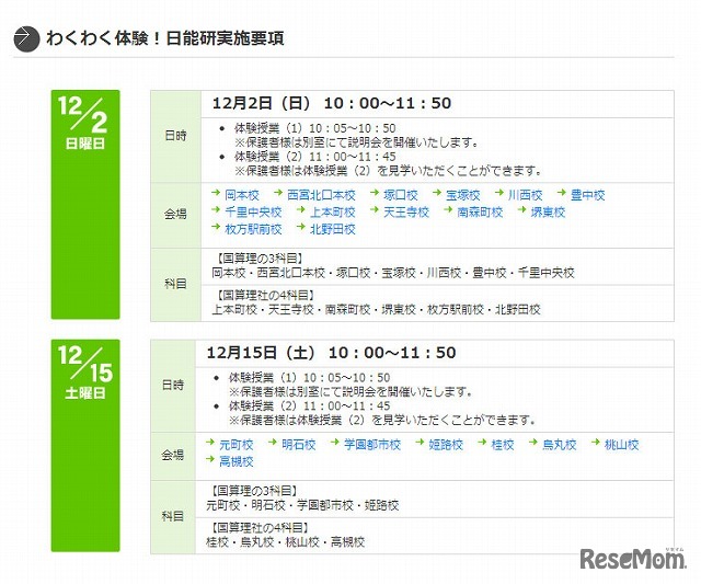 わくわく体験！日能研　実施要項