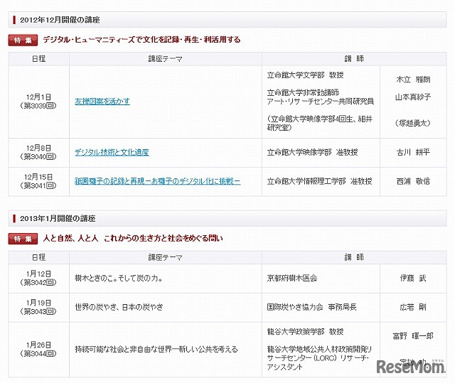 土曜公開講座・開講予定