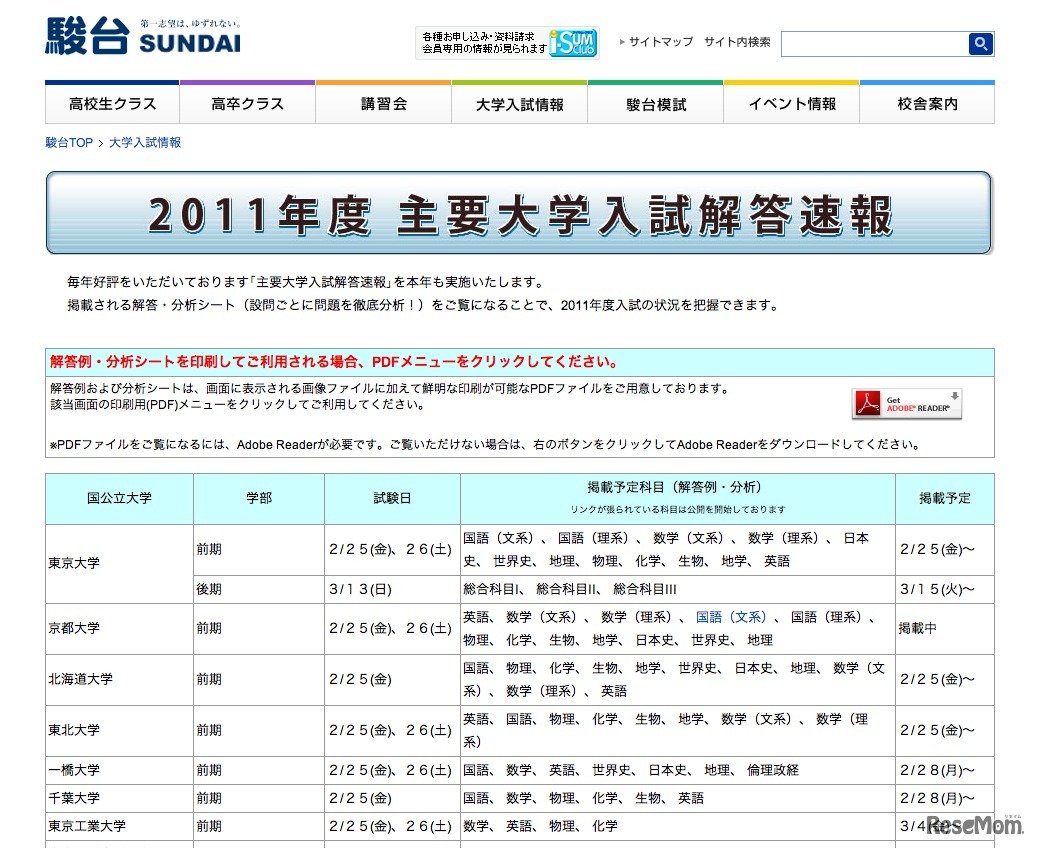 駿台予備校　解答速報