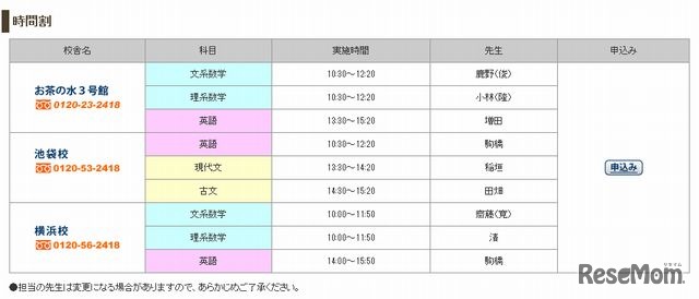 解説授業の時間割