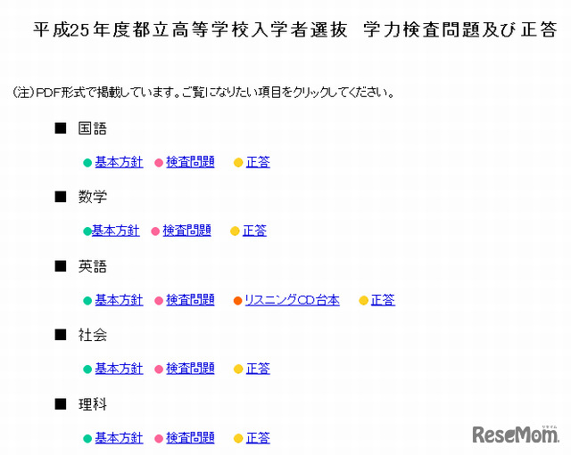 2013都立高校・学力検査問題および正答