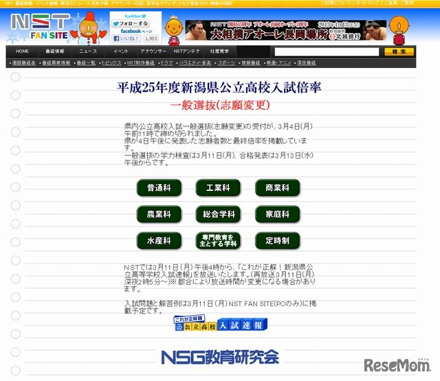 NST「平成25年度新潟県公立高校入試倍率・一般選抜（志願変更）」
