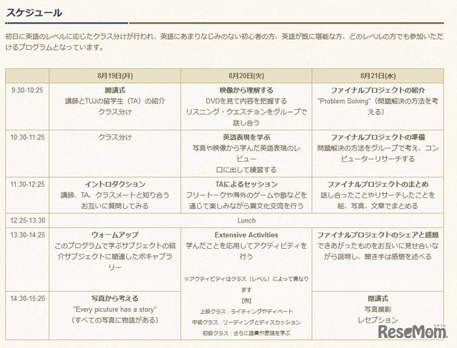 中学生のための国内留学プログラムのスケジュール