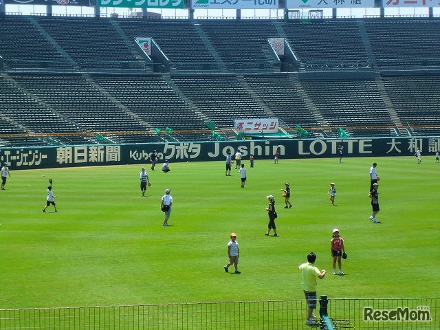 甲子園球場の外野芝生エリアでキャッチボール
