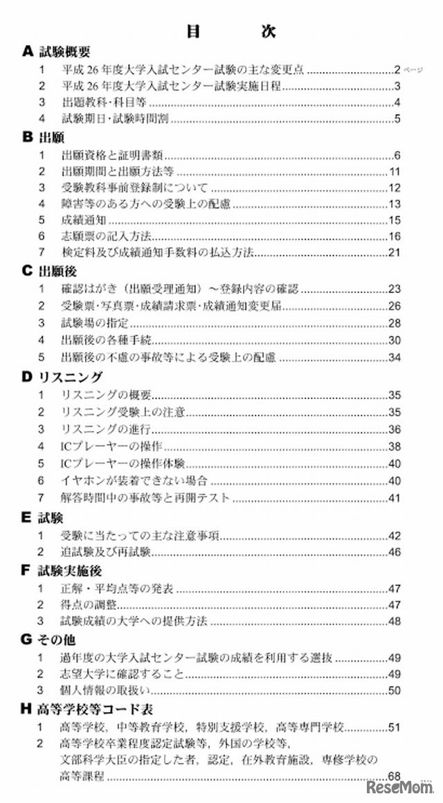 受験案内の目次