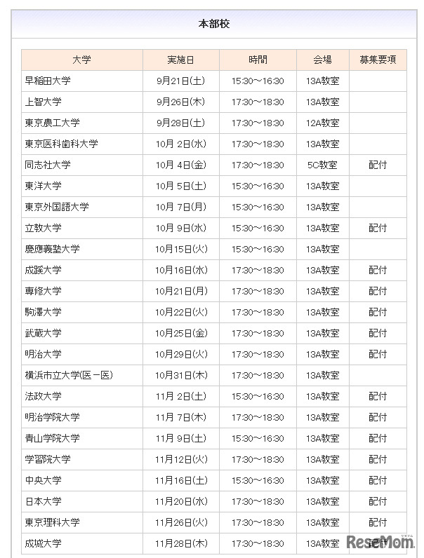 本部校スケジュール