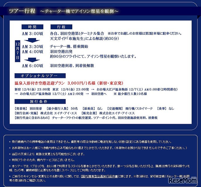 アイソン彗星観察チャーターフライト　ツアー行程