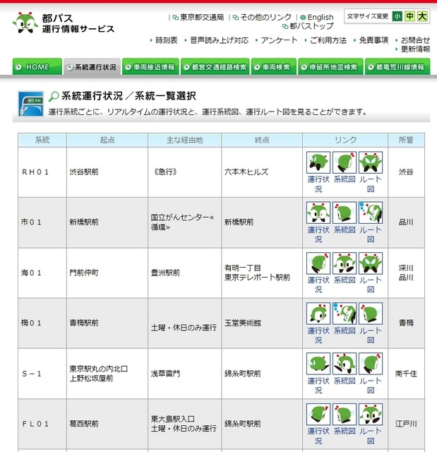 都営バス「運行系統一覧」ページ