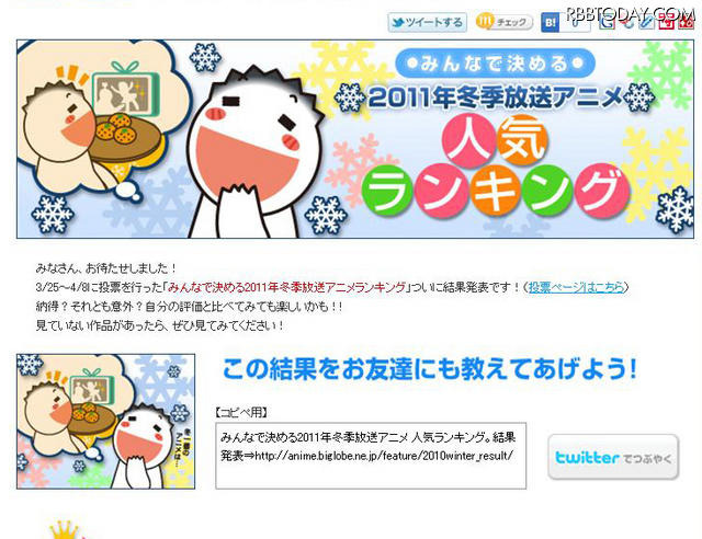 2011年冬季放送アニメで最も人気が高かったのは!? アニメワン「みんなで決める2011年冬季放送アニメ人気ランキング」